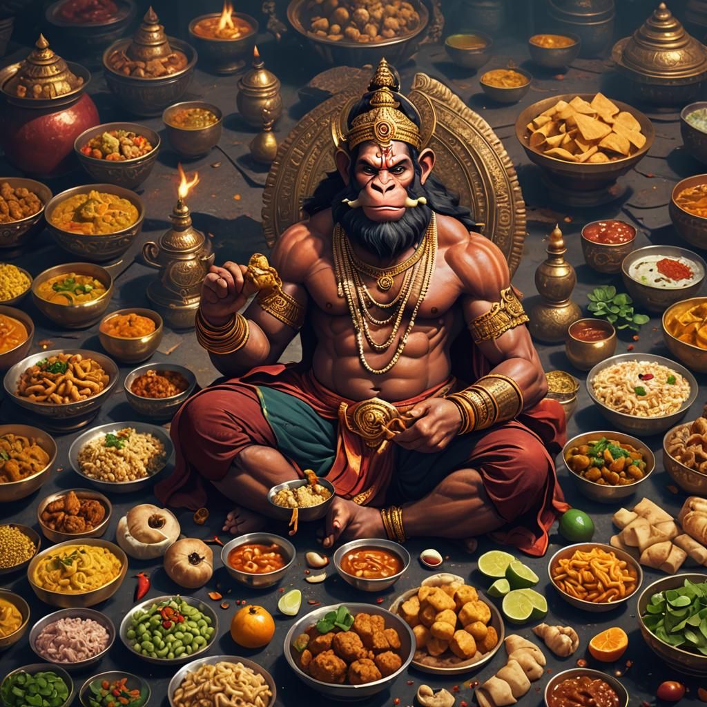 Smiling Hindu Deity Admires Traditional Indian Cuisine