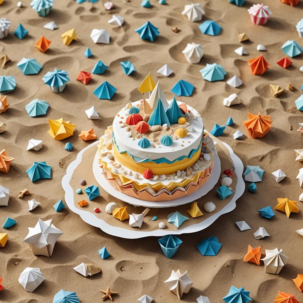 Surreal Beach Cake in Papercraft 8K Resolution