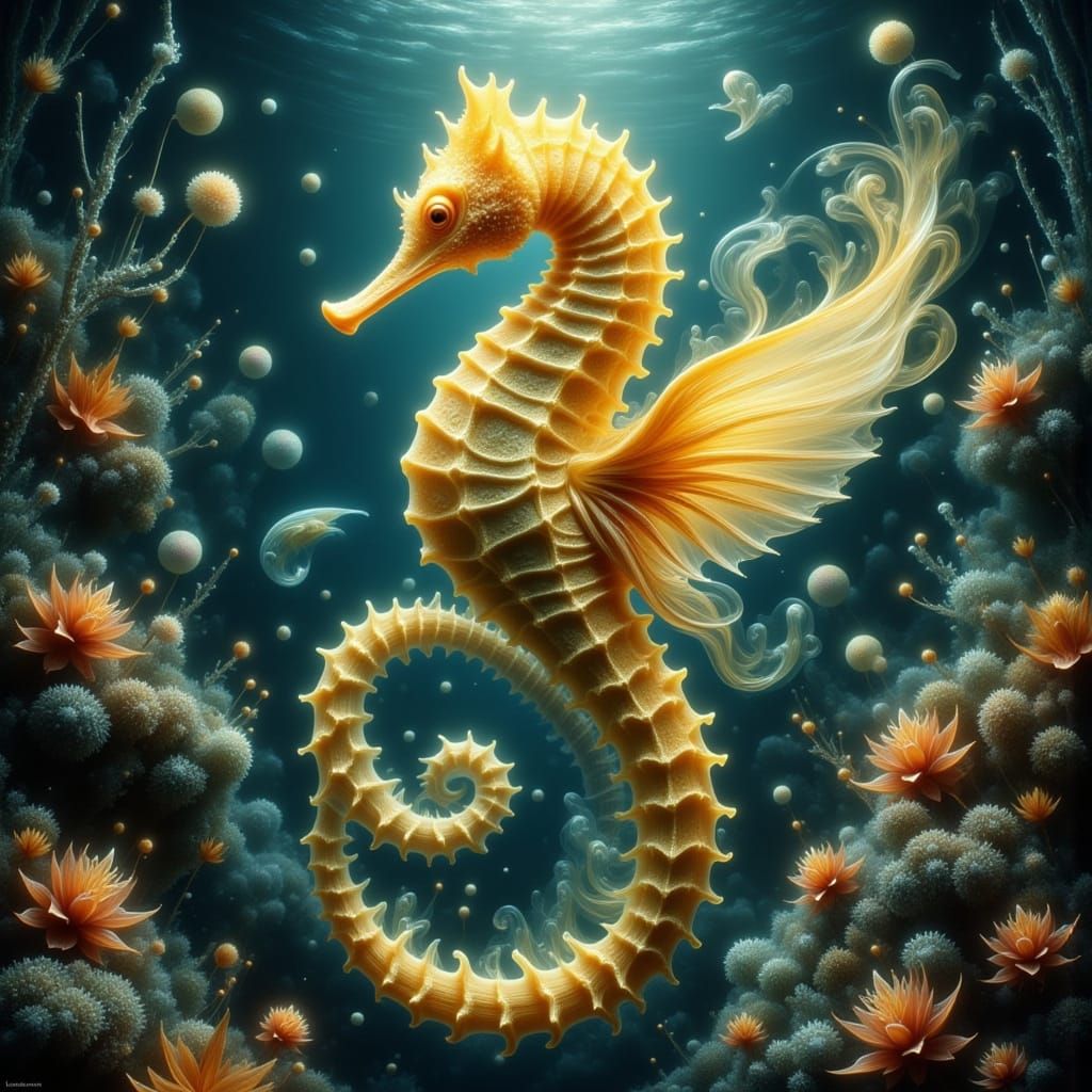 Giant Yellow Seahorse in Bioluminescent Reef Digital Paintin...