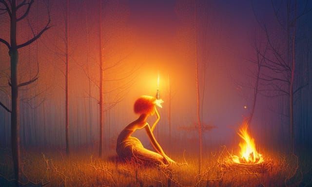 Whimsical Campfire Scene in Vibrant Magic Realism