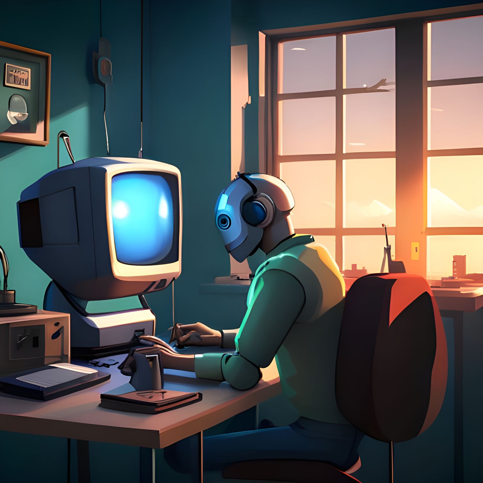 Sad Robot at Computer in Post-Cyberpunk Style