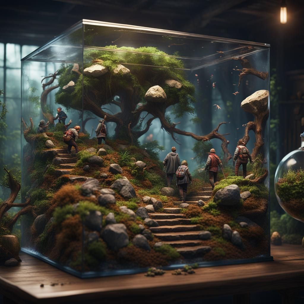 Realistic Terrarium Scene with Minuscule Figures in Vibrant....