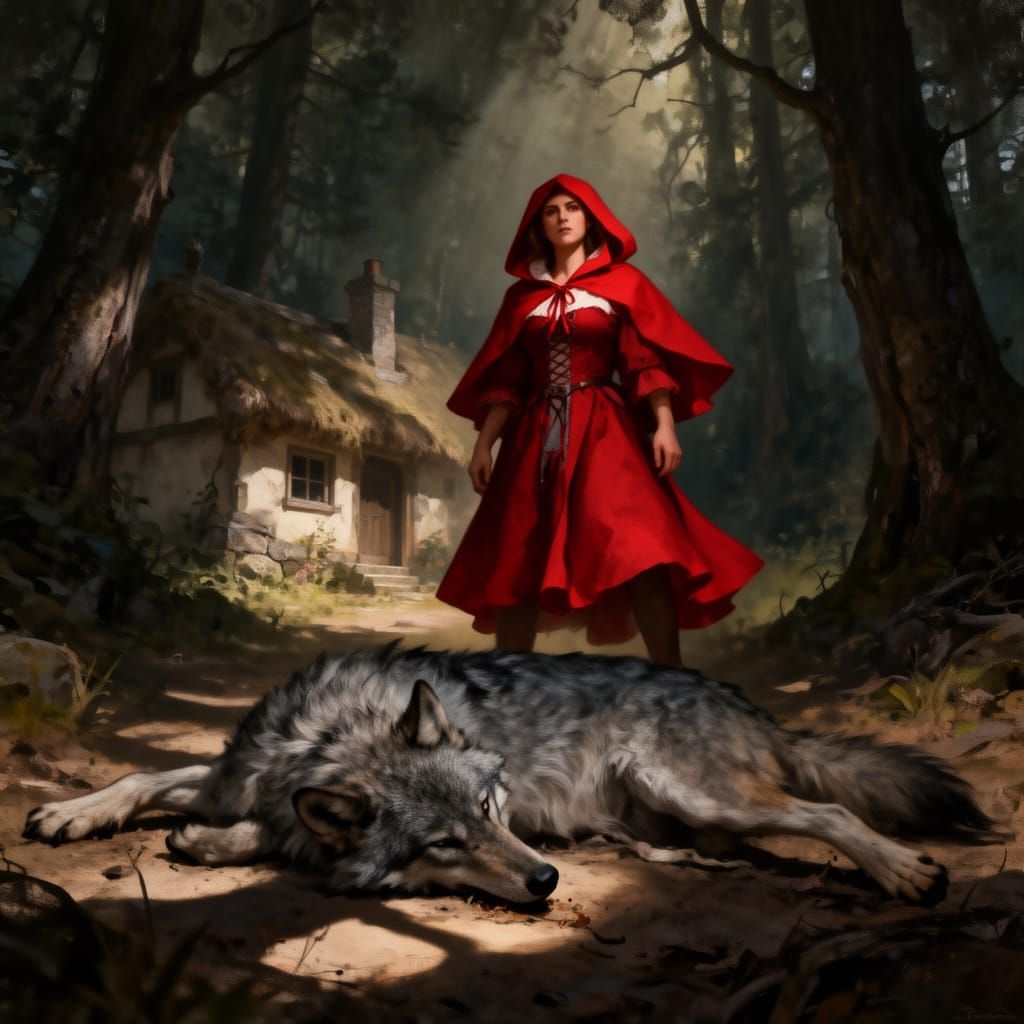 Red Riding Hood Triumphs Over Defeated Wolf in Fantasy Art