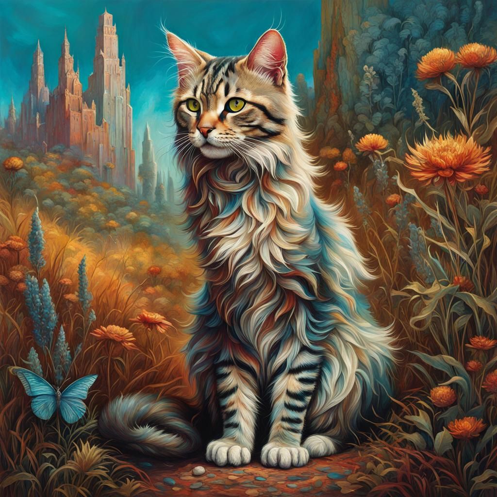 Elegant Feline Figure in Textured Oil Painting Style