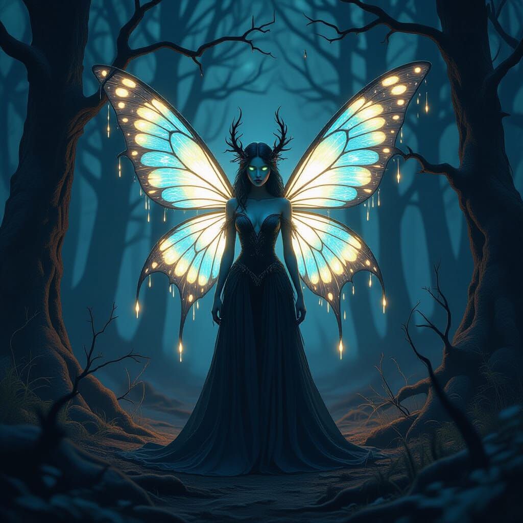 Bioluminescent Fairy in Haunted Forest, Ethereal Art