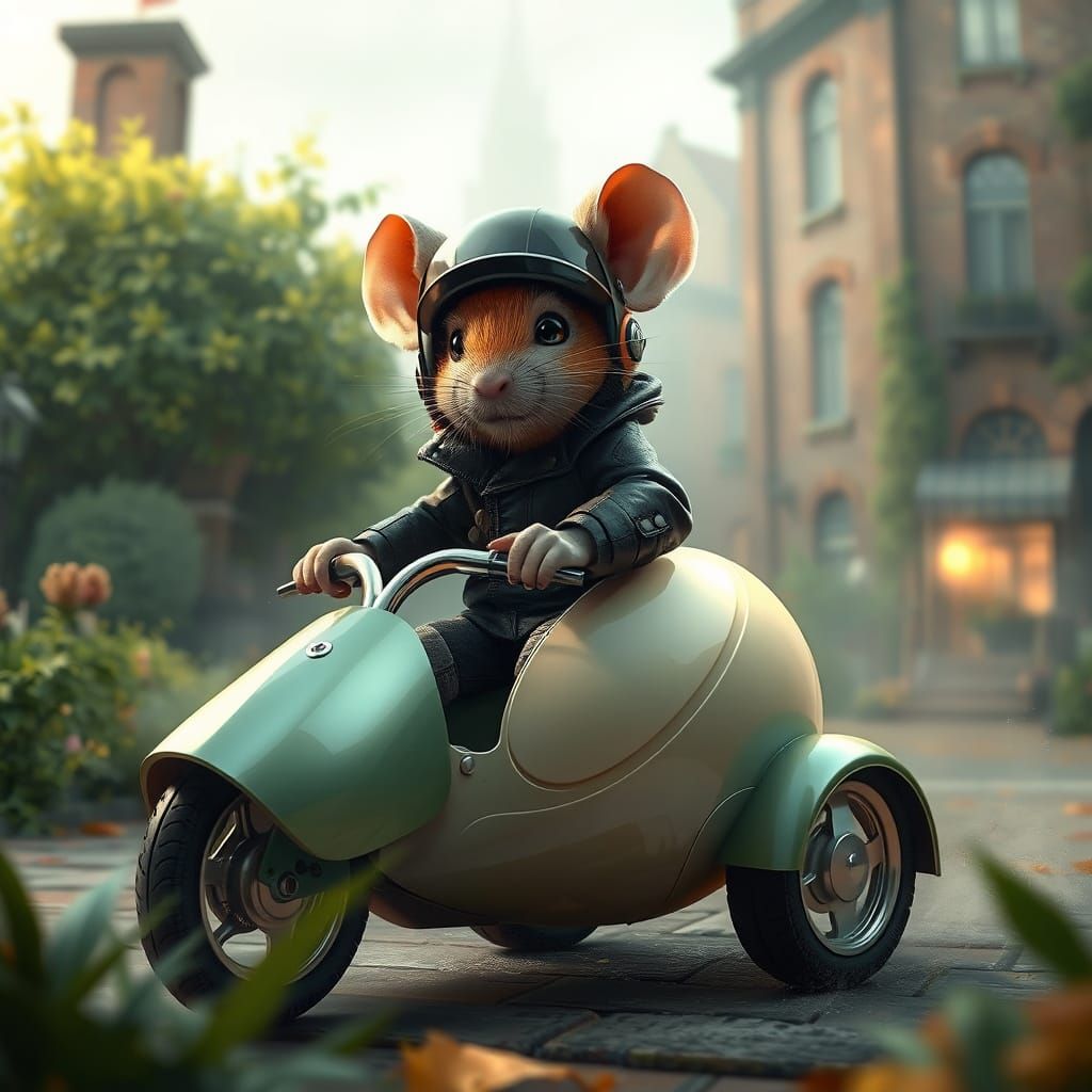 Mouse Rides Shiny Tricycle in Detailed Environment