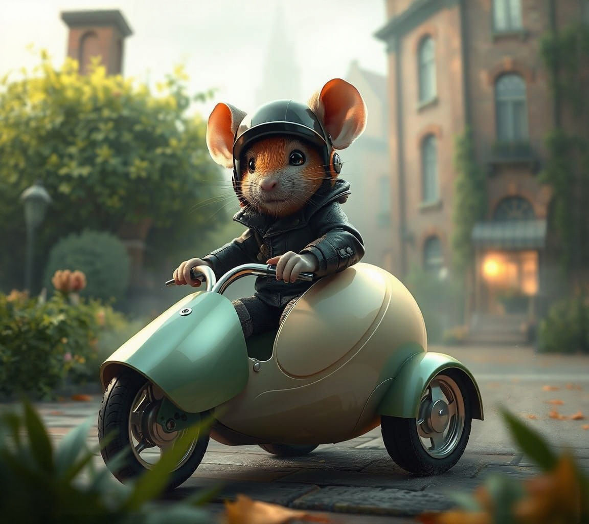 Hyperrealistic Mouse Driving an Egg-Shaped Tricycle