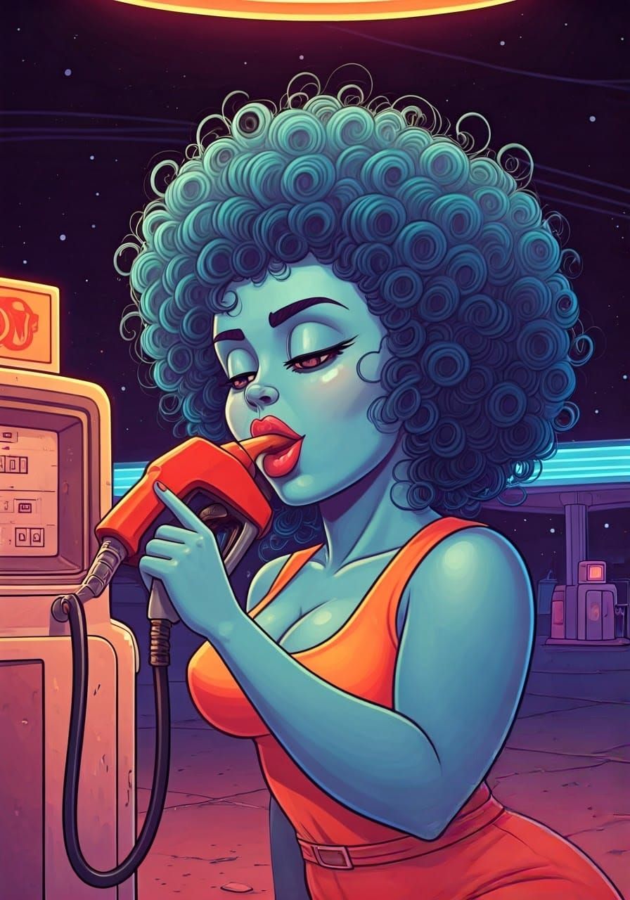 Vibrant Alien Lady Guzzles Gas at Retro-Futuristic Gas Stati...