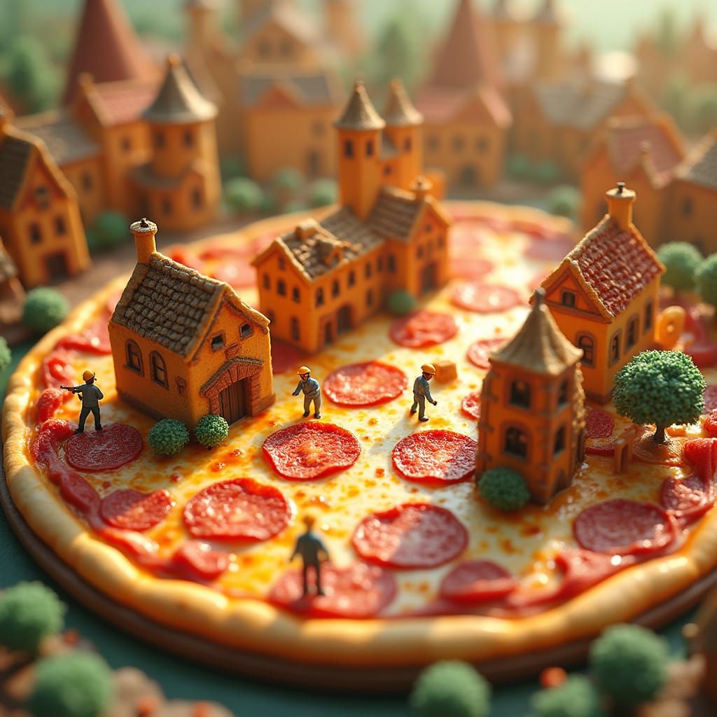 Vibrant City on a Giant Pizza with Miniature Mushroom and Pe...