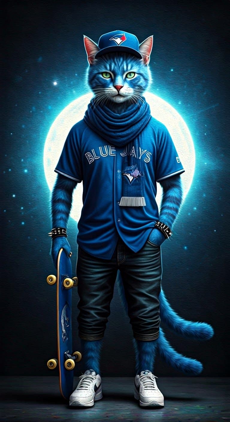 Photo of a blue cat wearing a Bluejays baseball cap, T-shirt...