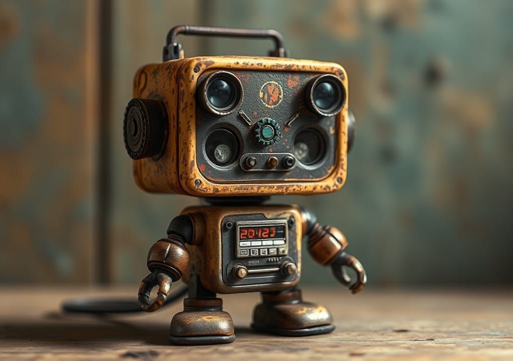 Warm Rustic Chibi Robot in Analog Photography Style