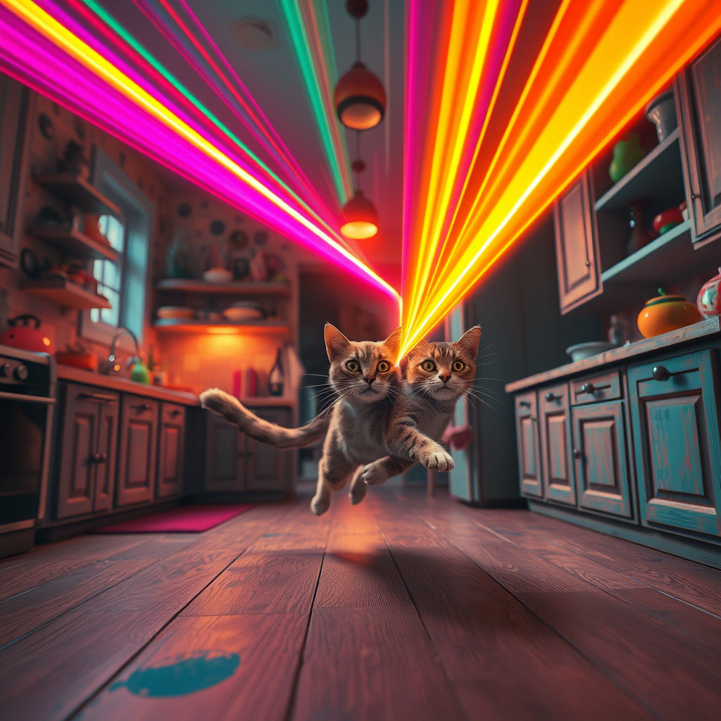 Ethereal Cat Chase in Vibrant Kitchen