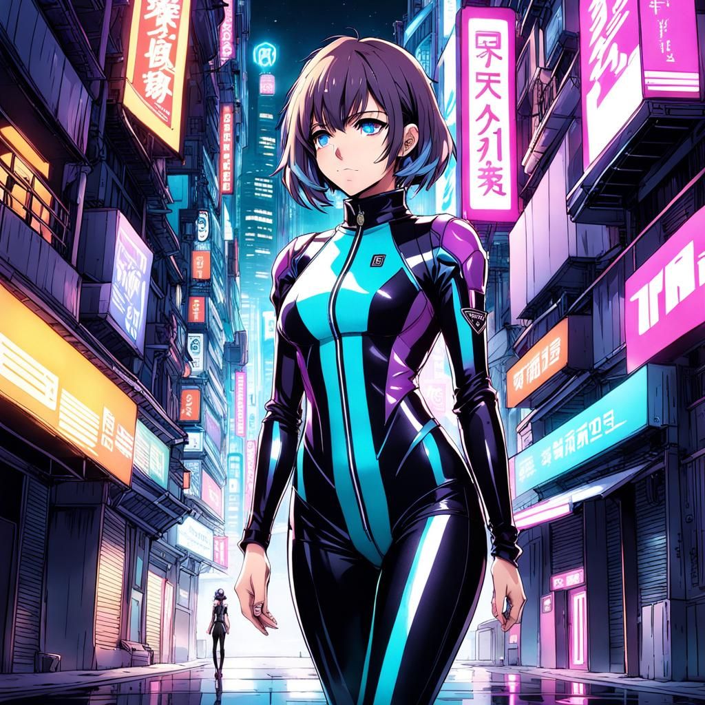 Cyberpunk Woman in Aqua Bodysuit Standing in Front of Neon A...