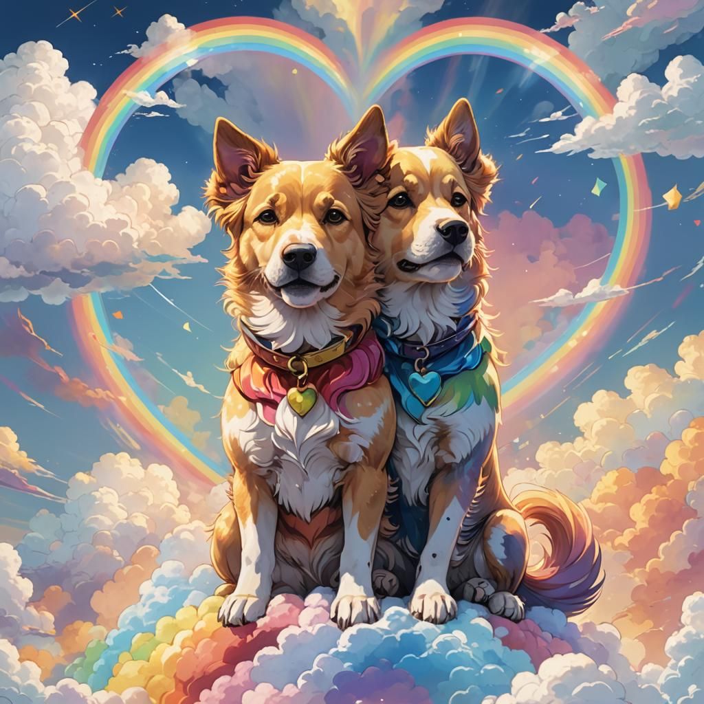 Surreal Anime Art Depicts Two Dogs on a Rainbow Heart Cloud