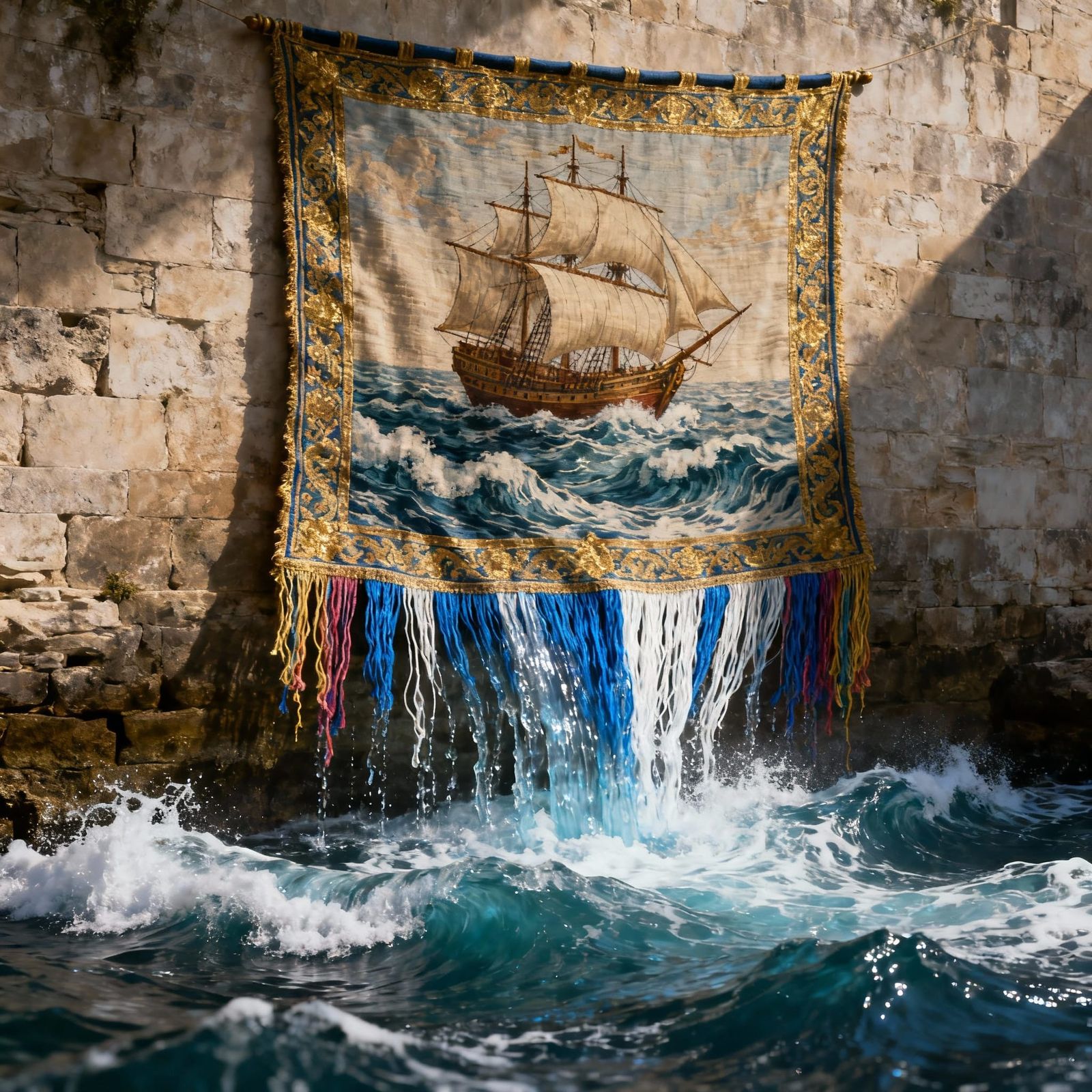Magical Tapestry Ship Transforms into Real Ocean Waves