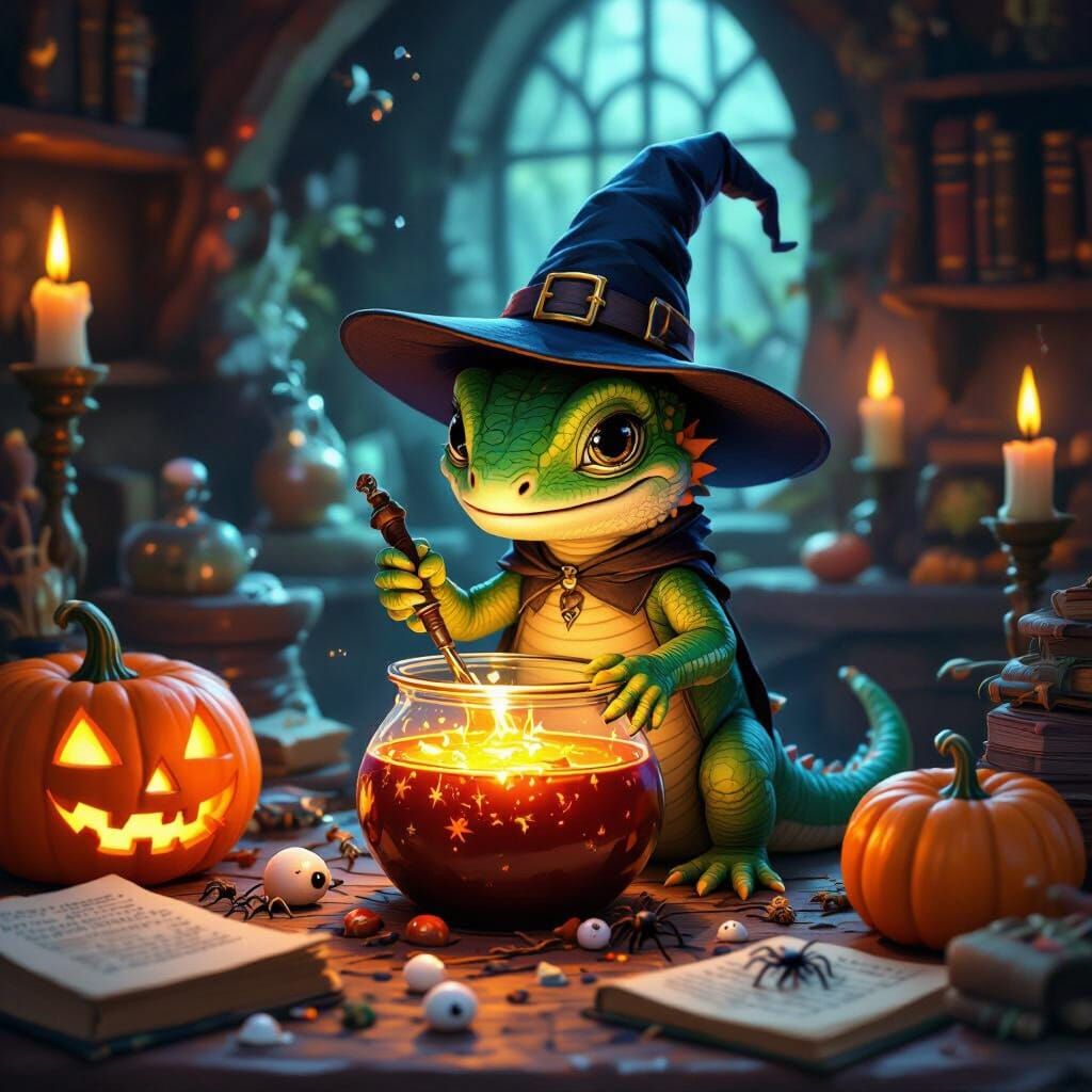 Tiny Witch Lizard Brews Potion in Cozy-Dark Lab