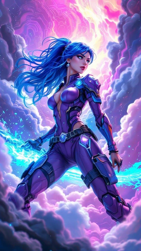 Cyberpunk Warrior Goddess in Vibrant Purple Suit