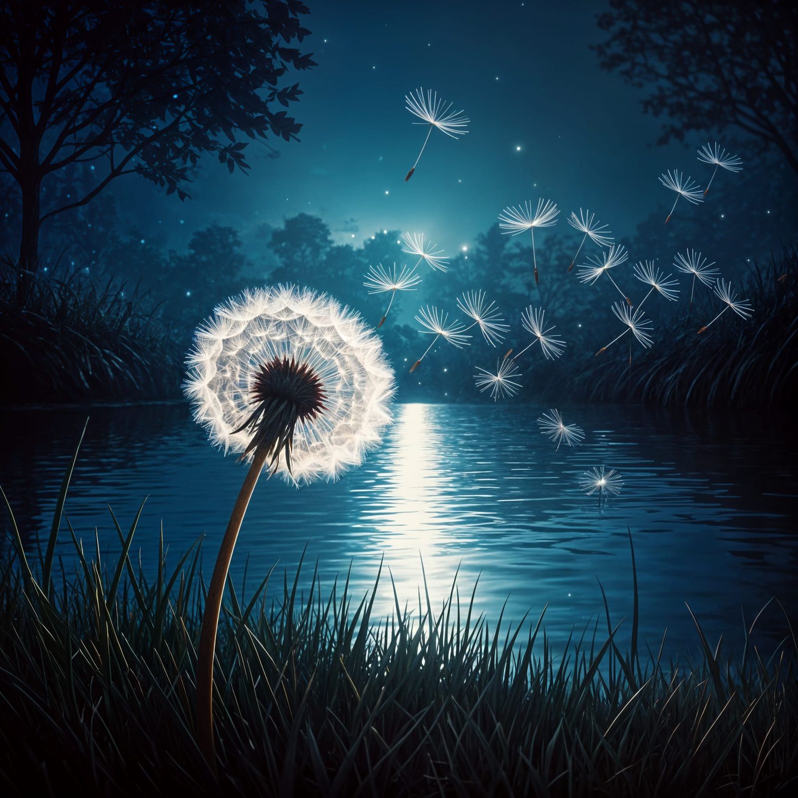 Ethereal Twilight Scene with Dandelion Silhouette