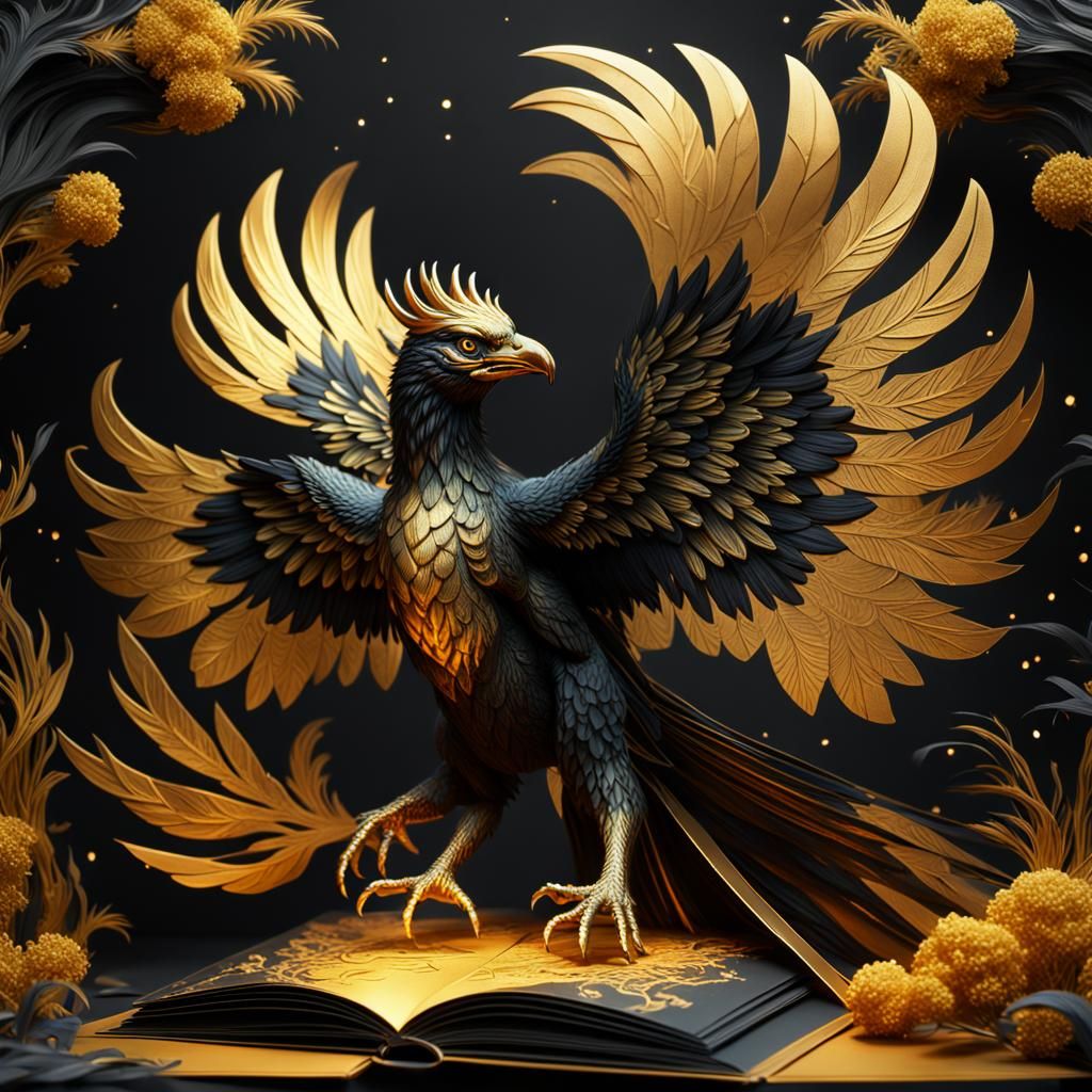 Elegant Fantasy Phoenix Unfolds from Matte Black Book