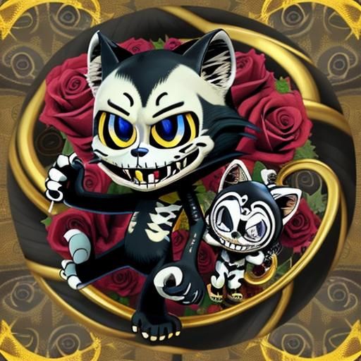 Felix the Cat Sugar Skull Skeleton in Vibrant Floral Chaos