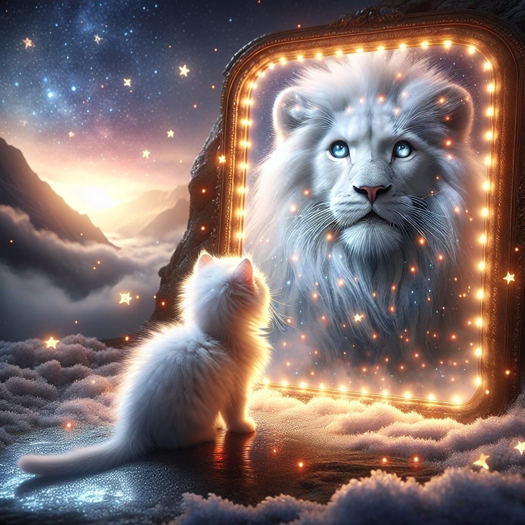Whimsical Cat Transforms into Majestic Lion in Enchanted Nig...