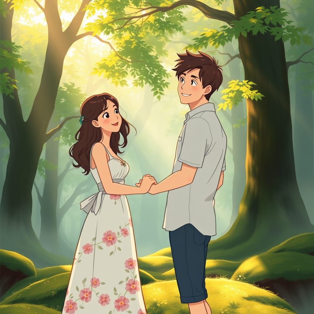 Whimsical Ghibli-Inspired Couple in Serene Forest Landscape