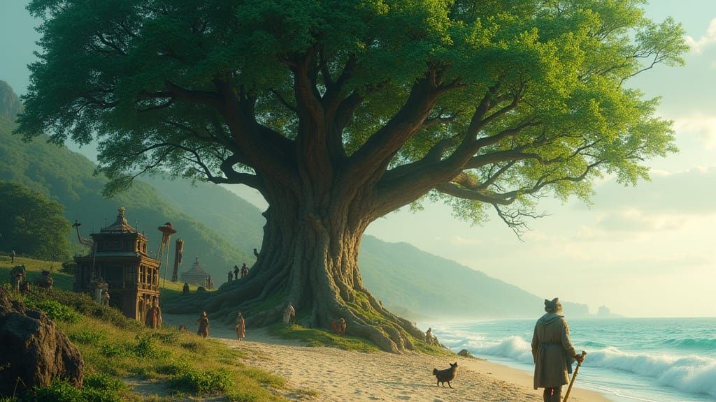 Majestic Oak Tree with Golden Chain: Cinematic Scene