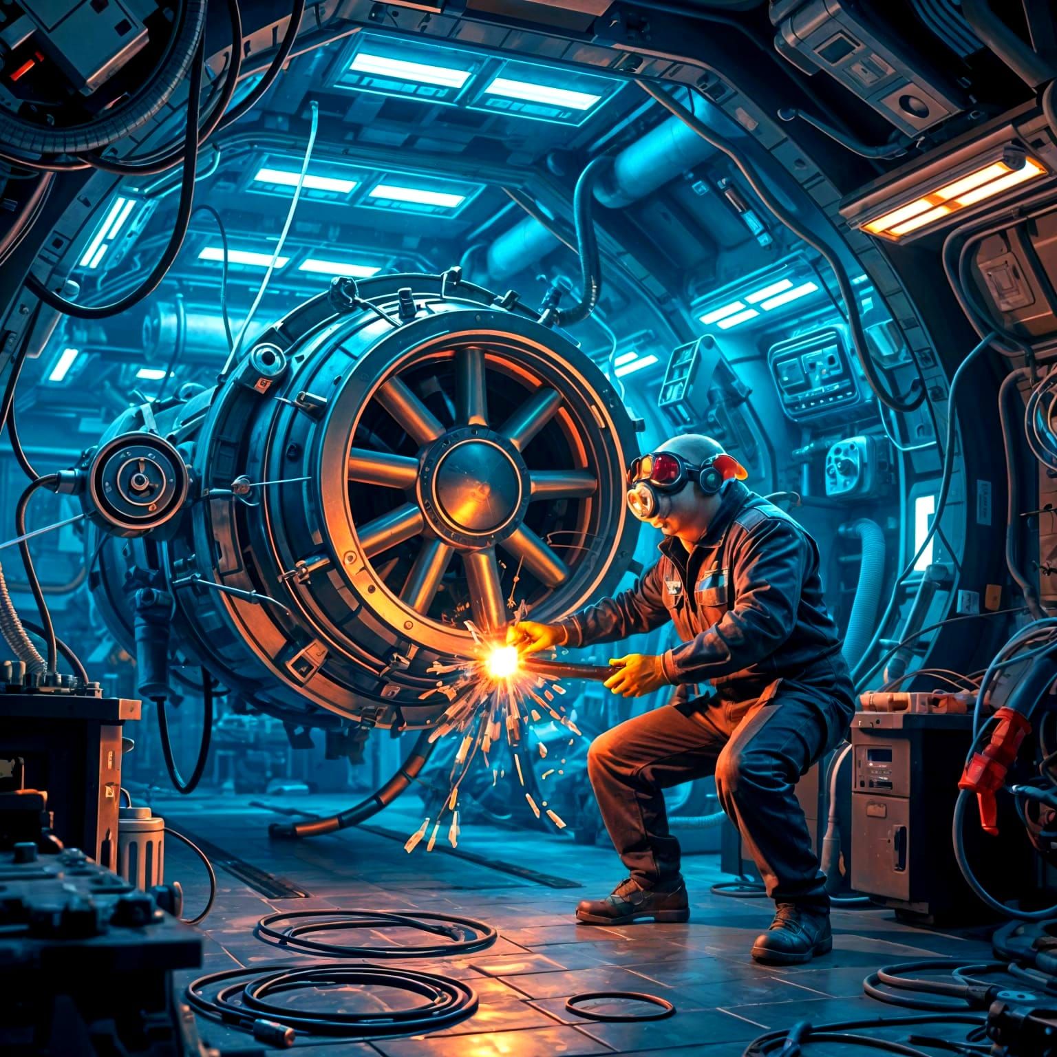 Starship Mechanic Repairs Engine in Cyberpunk Style