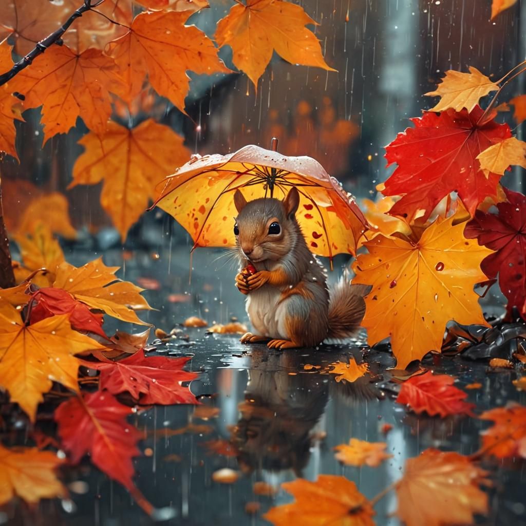 Vibrant Autumn Squirrel Under Golden Rain