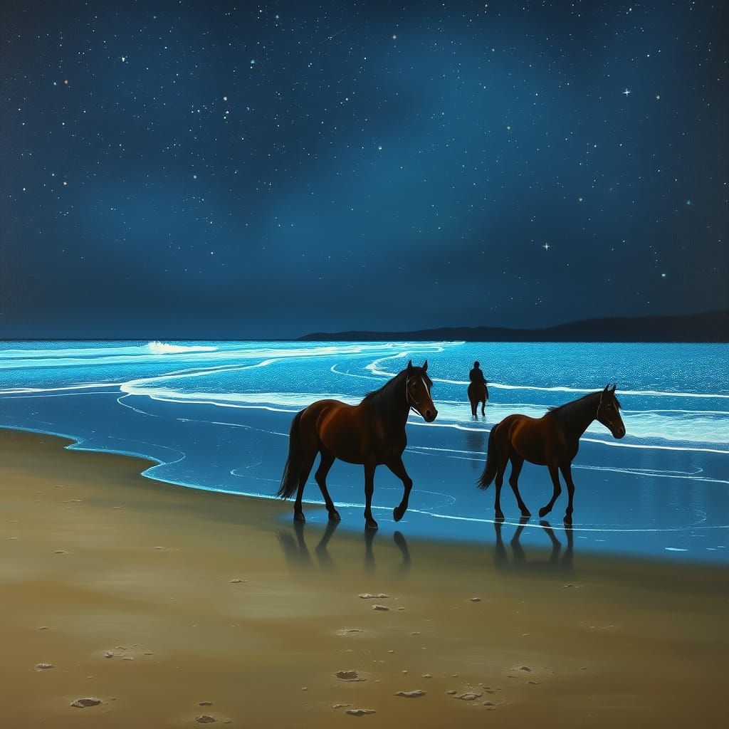 Ethereal Bioluminescent Shoreline with Equine Figures
