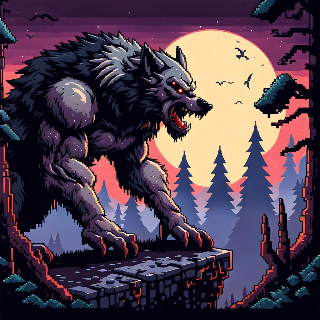 8-Bit Pixel Werewolf Fantasy Landscape in Cyberpunk Style