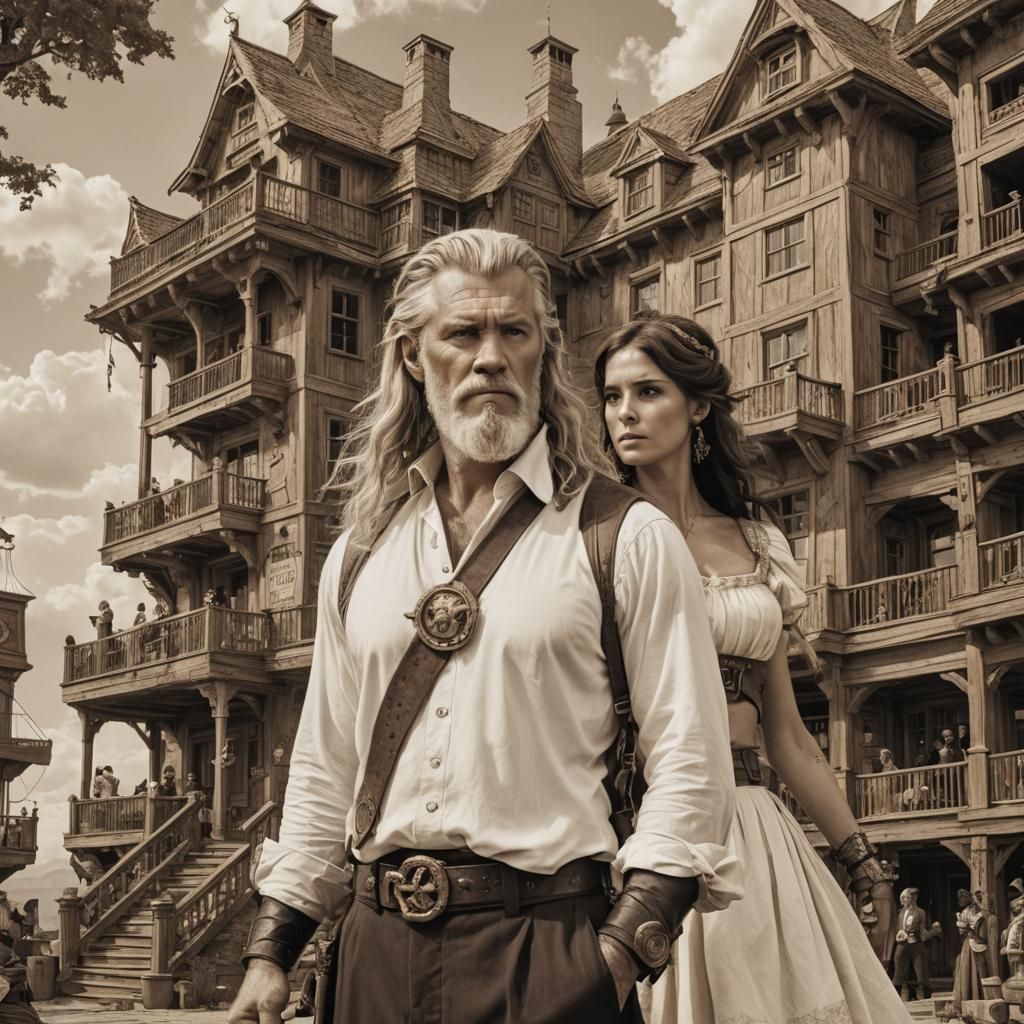 Classical Gods in Front of a Grand Inn in a Sepia-Toned Land...