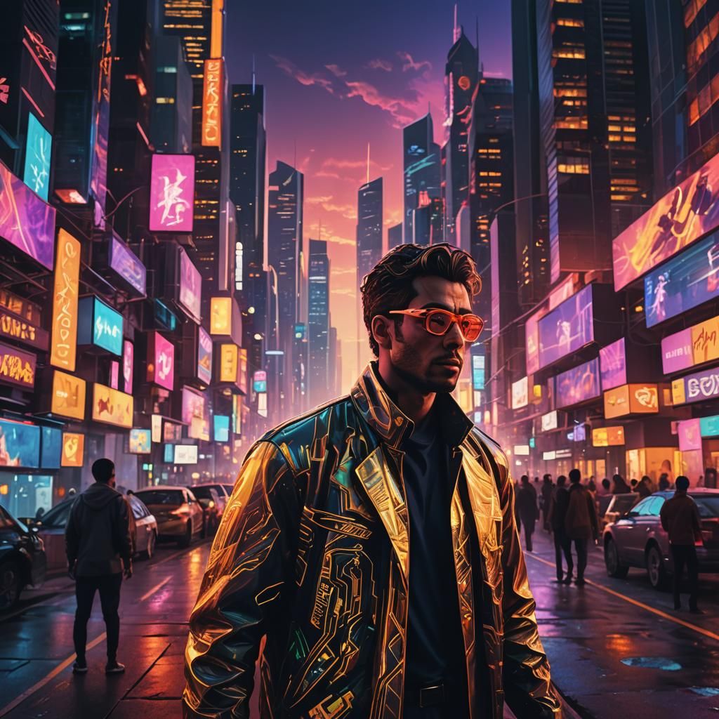 Heroic 21st Century Human in a Futuristic Cityscape