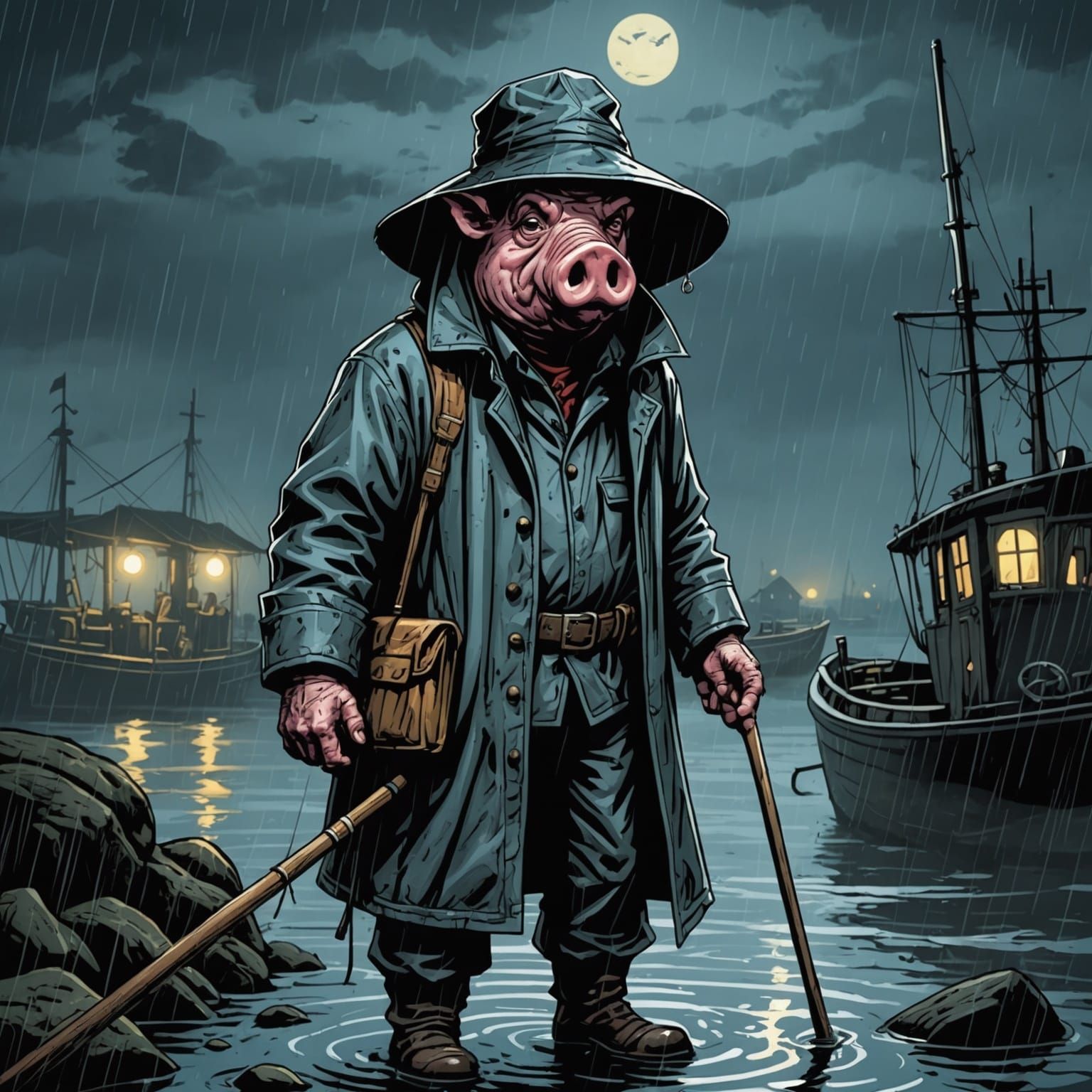 Gloomy Fisherman in a Haunted Night Scene