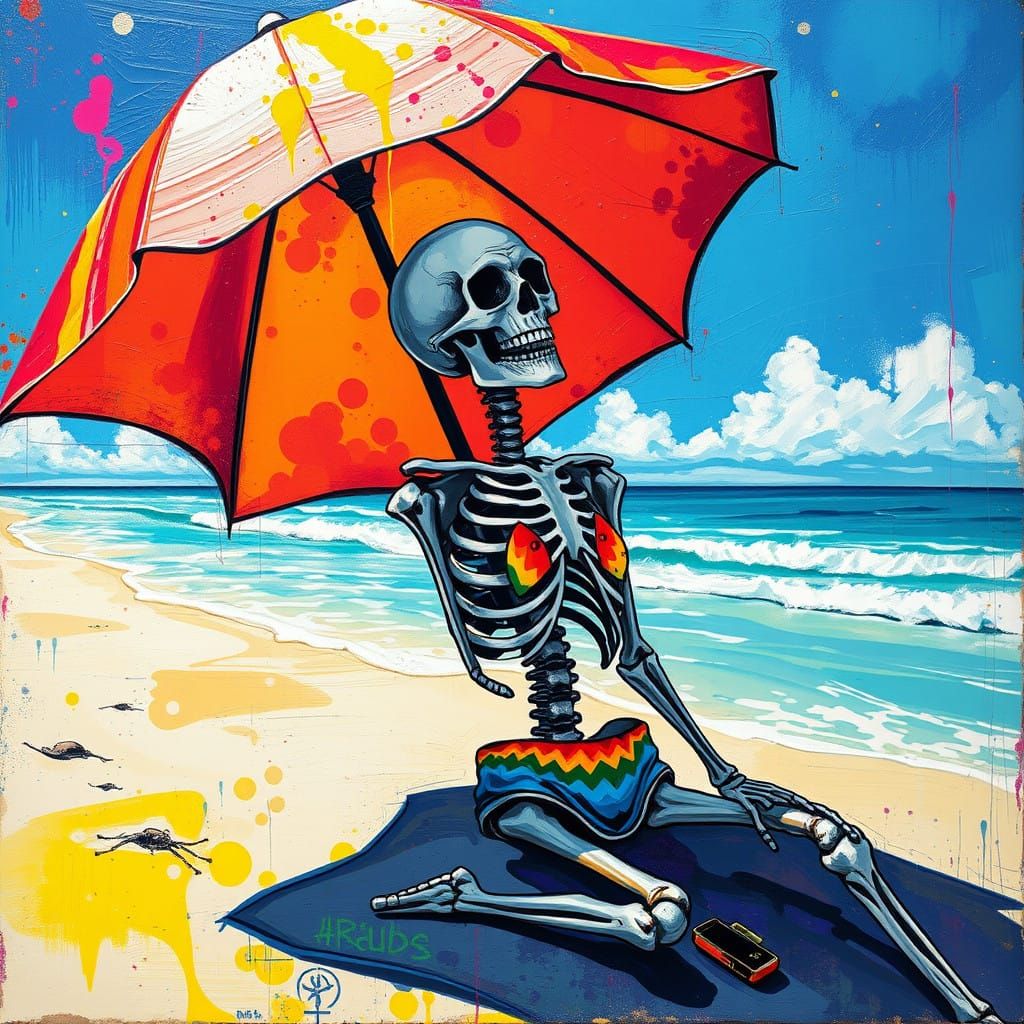Summer Skeleton Basks in the Sun under a Colorful Beach Umbr...