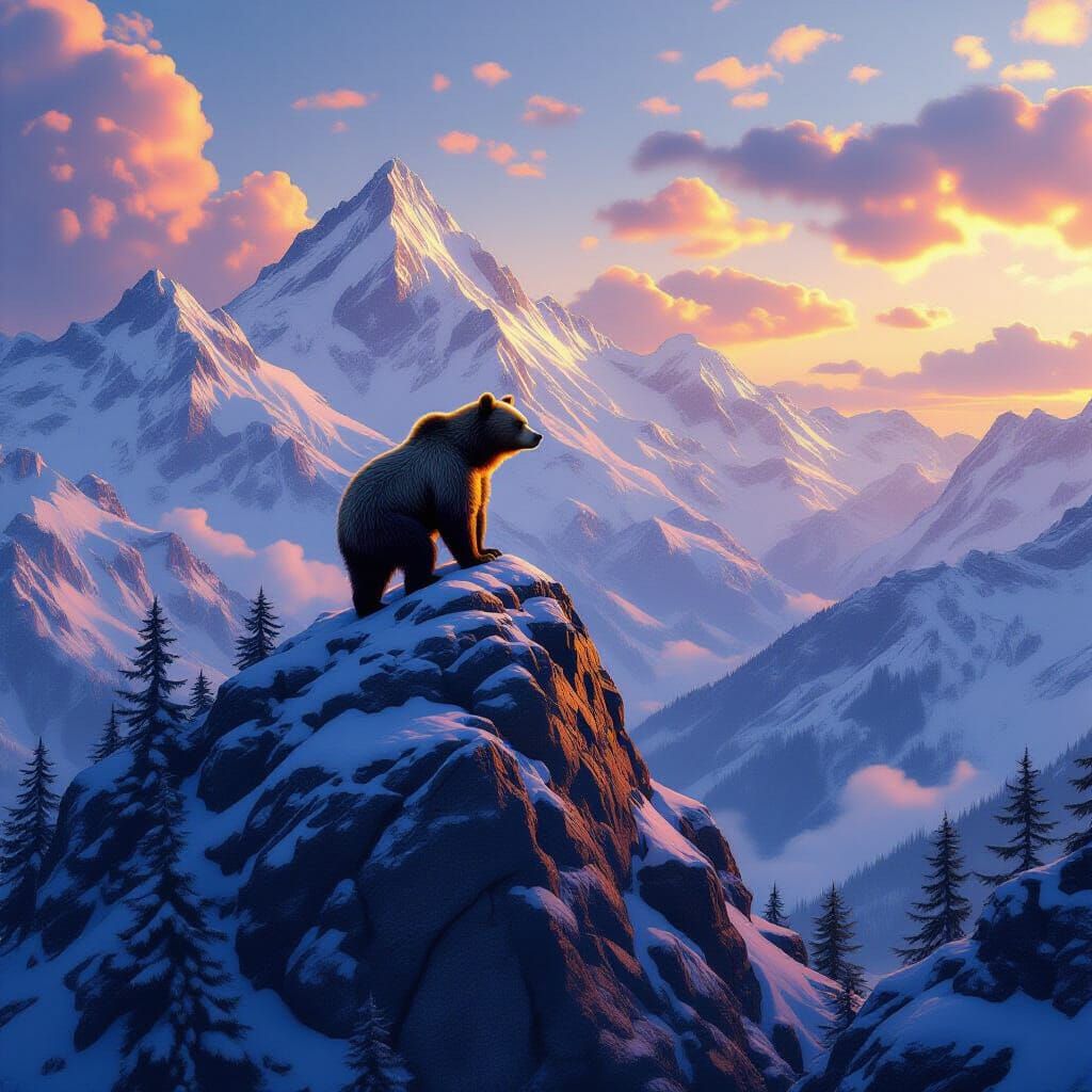 Bear Ascends Mountain in Detailed Matte Painting Style