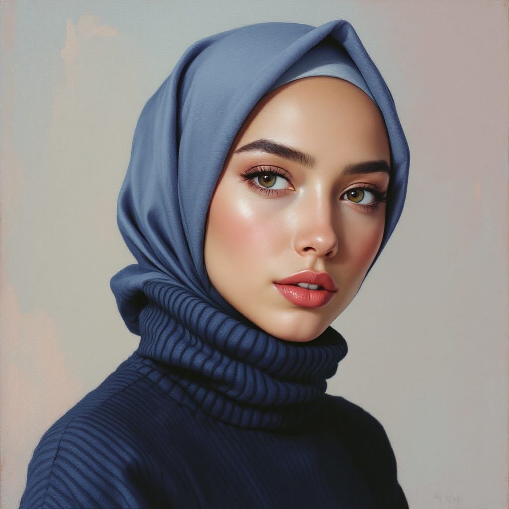 Attractive Hijabi Woman in Blue Turtleneck, Oil Painting