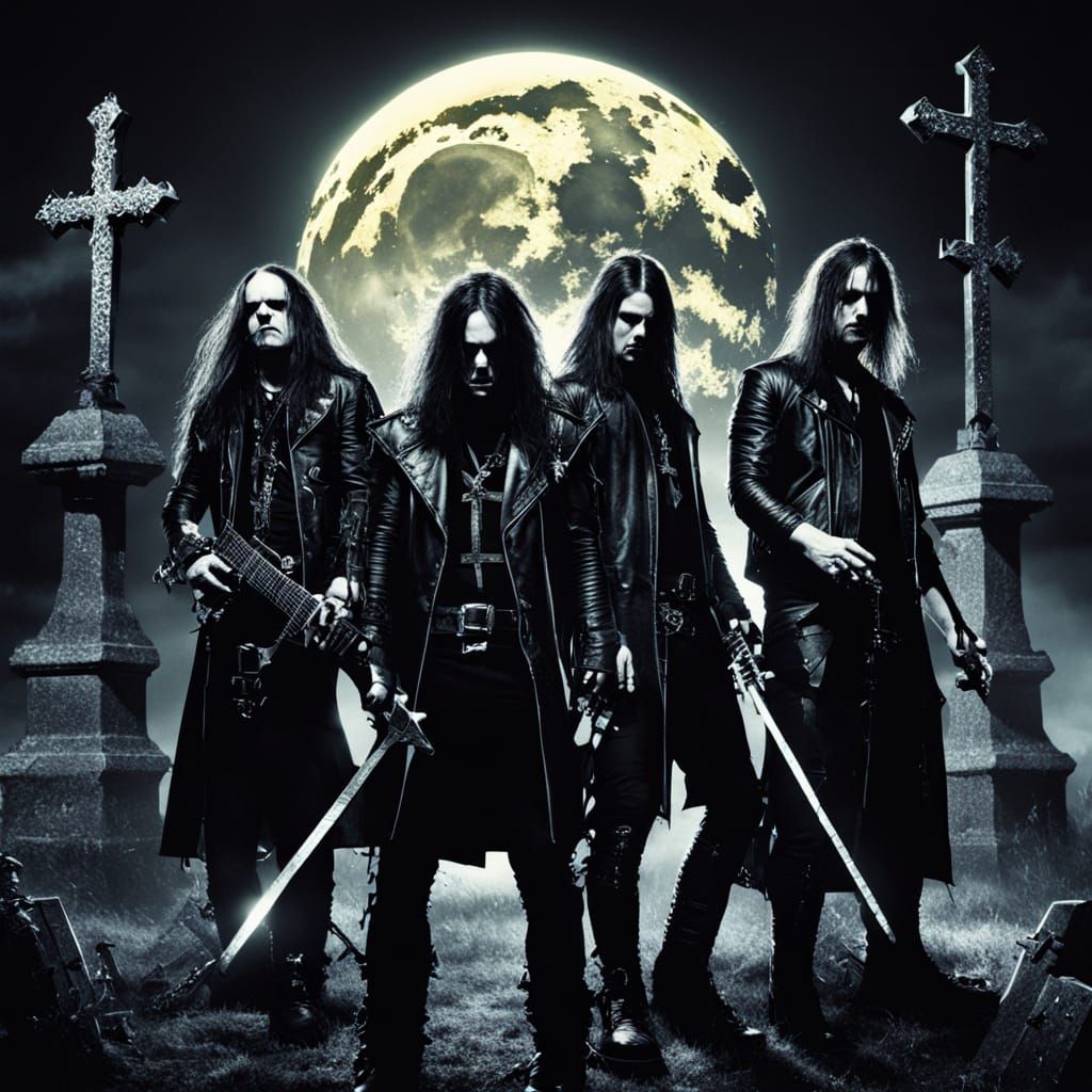 Heavy Metal Musicians in Graveyard, Dark Fantasy Art