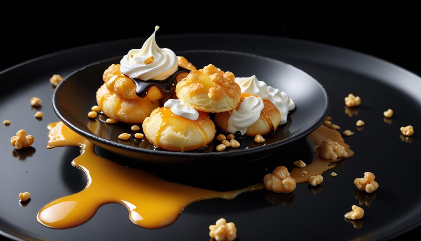 Profiteroles with whipped cream and honey