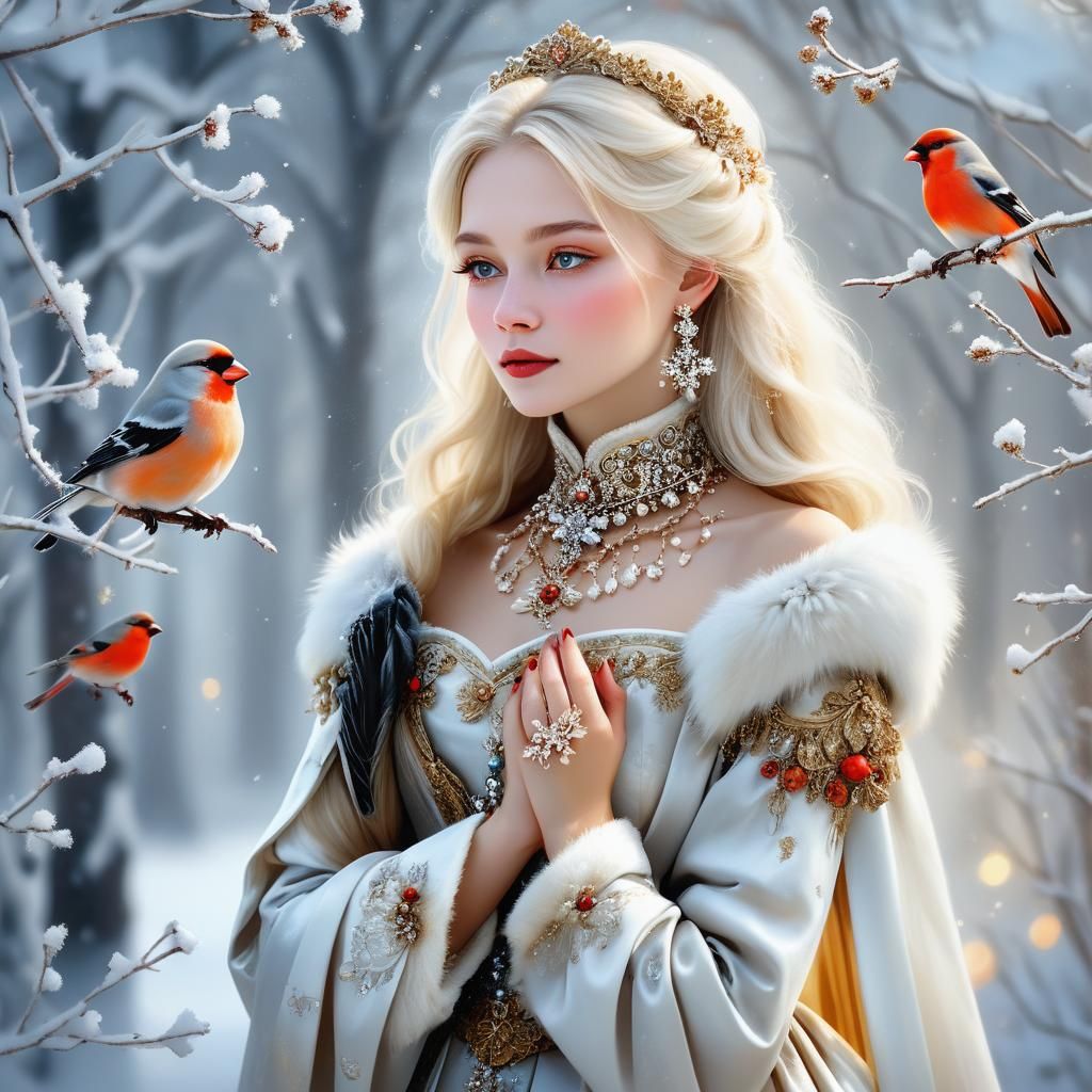 Elegant Russian Snow Princess Making a Whimsical Wish
