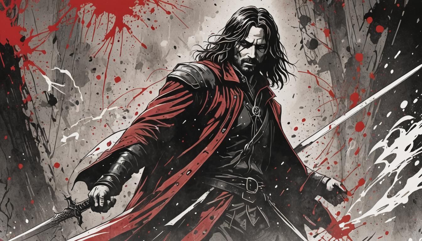 Aragorn: Epic Warrior in Crimson and White Duotone