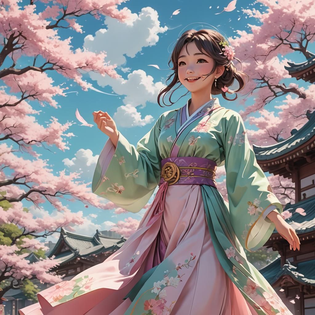 Vibrant Anime Woman in Traditional Outfit Under Golden Sunli...