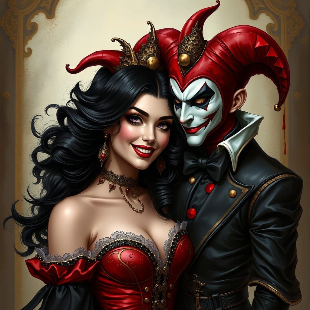 Queen Punk smiling with Jester by her side, black wavy hair, dark, red gold dress, pretty face, handsome features, breat...