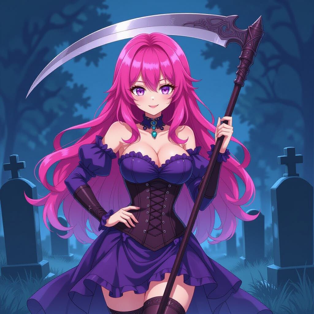 Pink Haired Woman with Scythe in Cemetery