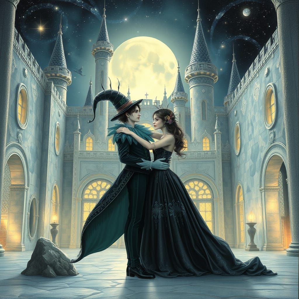 Ethereal Moonlit Castle Scene with Pierrot and Columbine in ...