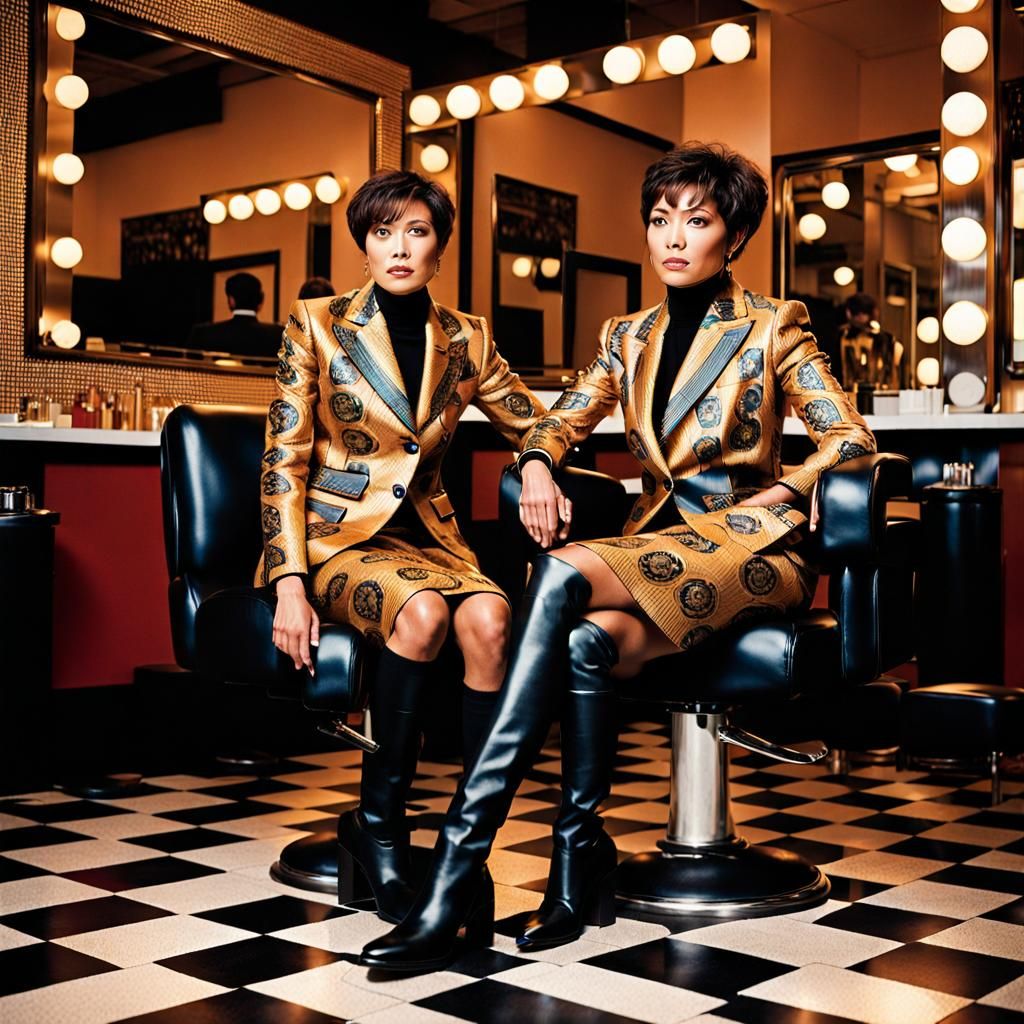 Two Businesswomen in Versace Suits Enjoying a Post-Short-Hai...