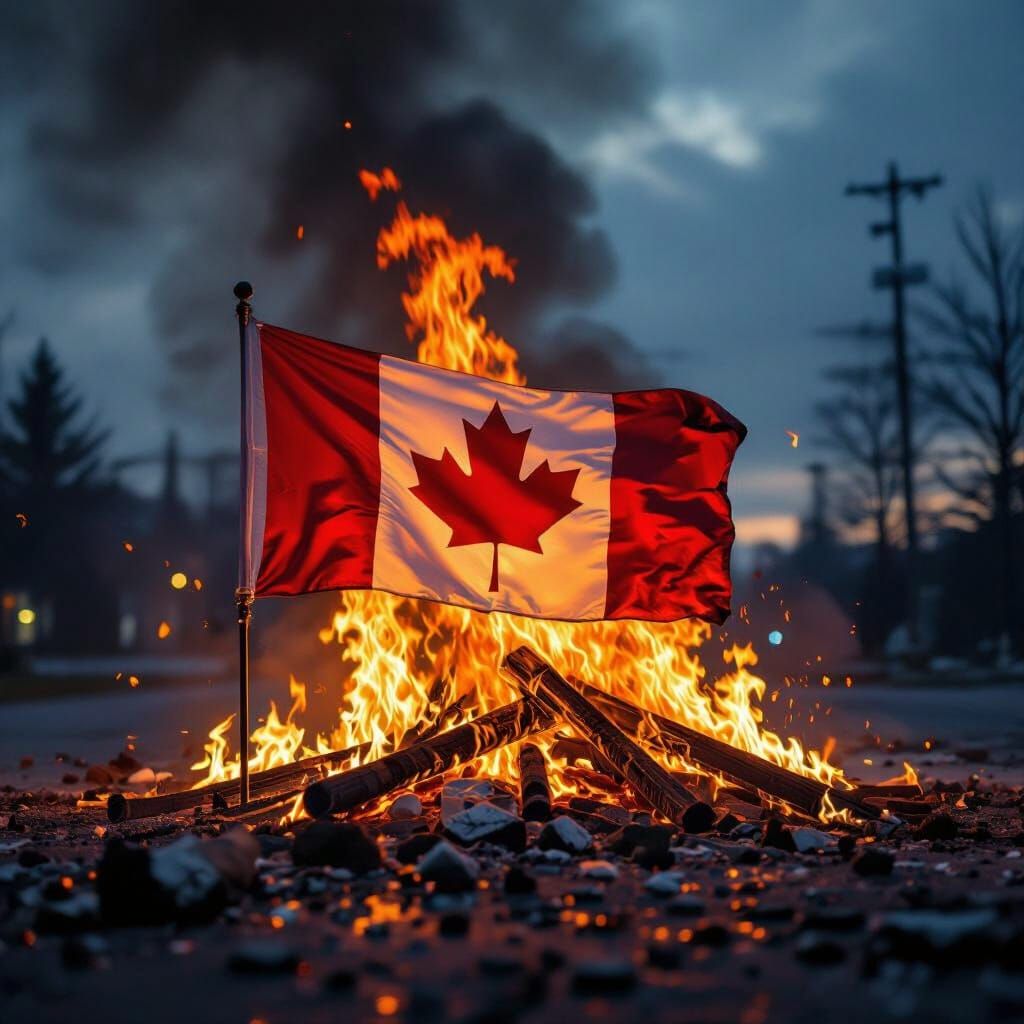 Canadian Flag Ablaze In Dramatic Photorealistic Scene