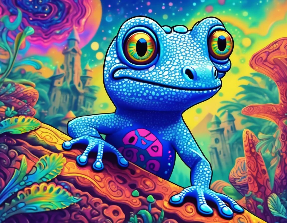 Blue Gecko Exploring Psychedelic Realm