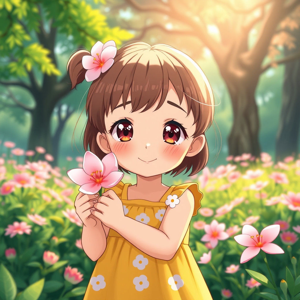 Little Girl's Gentle Smile in Vibrant Manga Garden