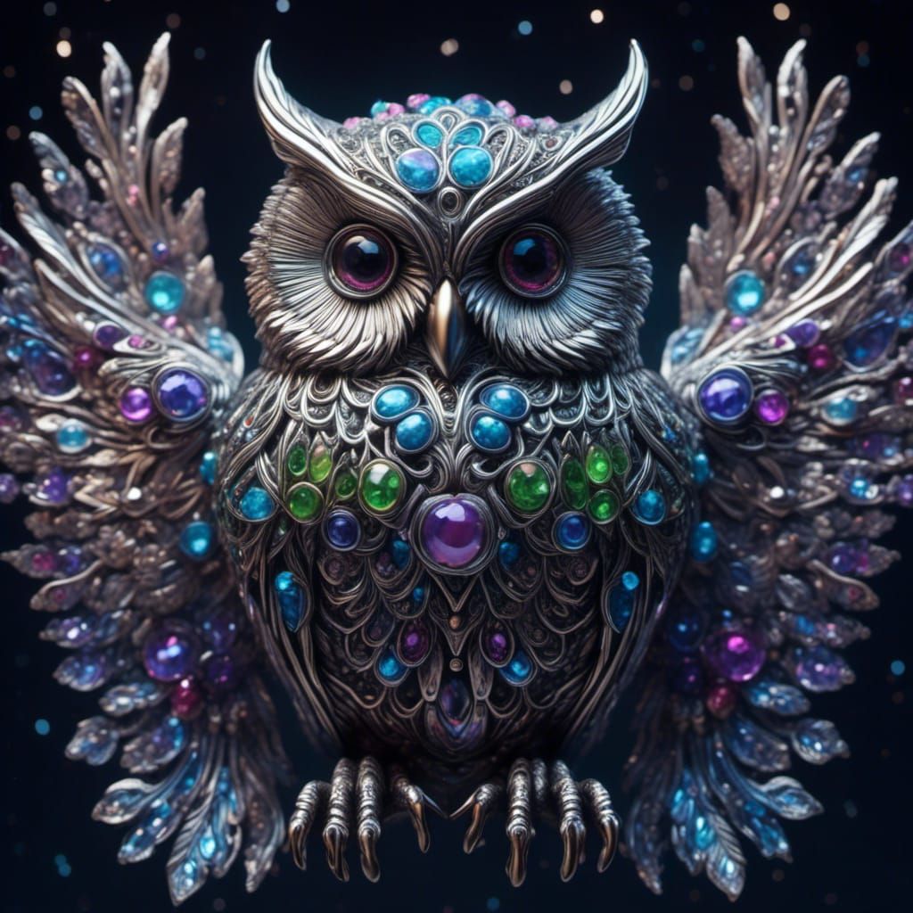 Silver Owl with Jewel-Toned Accents in Hyperrealistic Style
